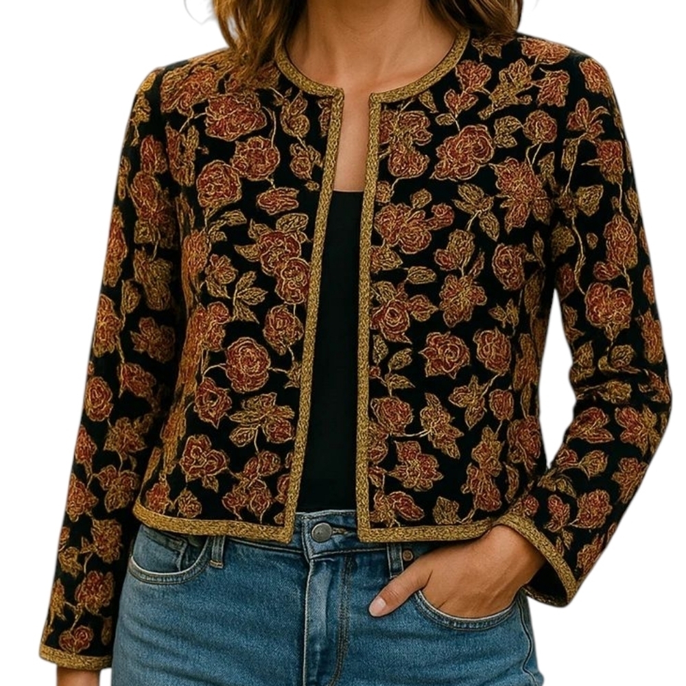Papell Boutique Floral Embroidered Blazer - Black and Gold